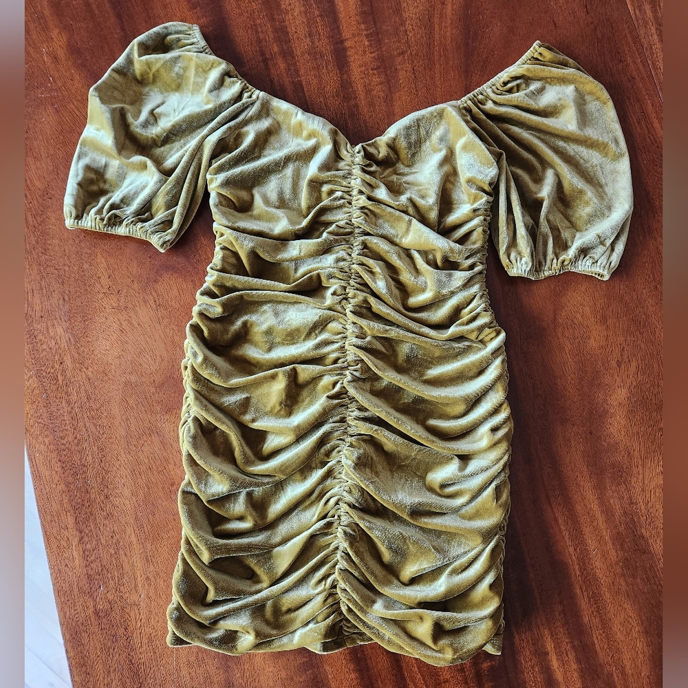 Blue Blush Velvet Fitted Mini Dress Gold Yellow Medium